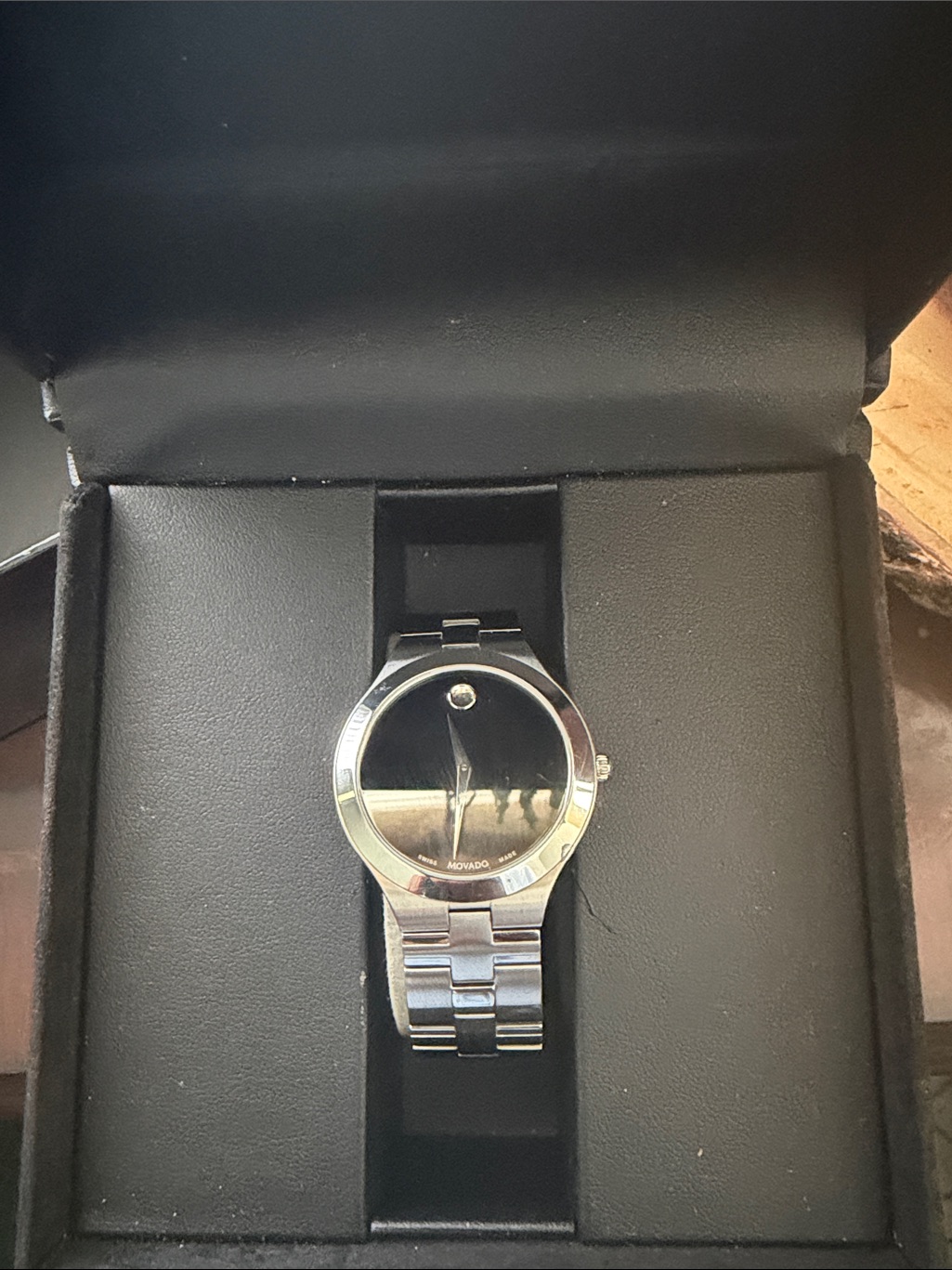 Movado Stainless Steel Watch  Black Dial With Silver Bracelet